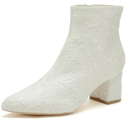 LRMYMHY Botas De Novia De Encaje con Tacón Bloque para Mujer Botines De Tobillo Punta Puntiaguda Zapatos De Boda,Marfil,37 EU