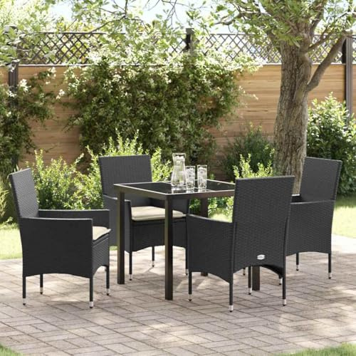Frdhee Juego de muebles de balcón para jardín, con cojín, 5 unidades, ratán negro, para porches, patios, terrazas, balcones, bordes de piscina
