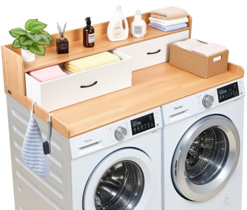 VEVOR Piano di Lavoro per Lavatrice e Asciugatrice con Ripiano 137 x 69,9 cm, Piano d'Appoggio con 2 Cassetti Integrati e 2 Ganci, Struttura in Legno per Zona Lavanderia con Ampia Superficie di Lavoro