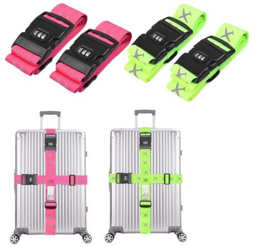Gusmigus 4 Pièces Sangles Valise Voyage avec Serrure Code Sangles de Bagages Croisées Réglables Ceinture Valise avec Etiquette pour Valise Bagage Sac de Voyage (Vert + Rose)