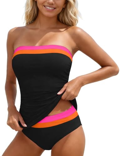 Maillots Deux Pièces Femme Bandeau Maillot de Bain Femme 2 Pieces Taille Haute Mayo de Bain Push Up Bikini Ensembles Haut de Maillot sans Bretelle + Bas de Maillots Unique