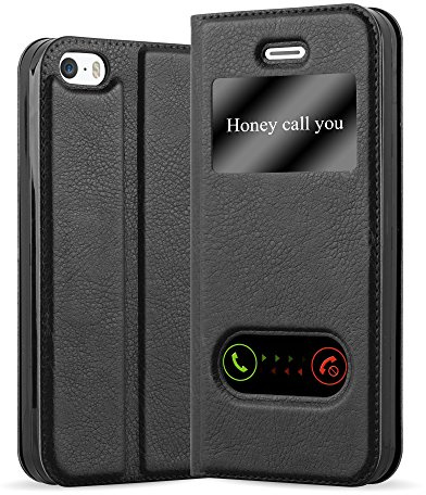 cadorabo Coque pour Apple iPhone 5 / iPhone 5S / iPhone SE en Noir COMÈTE - Housse Protection avec Stand Horizontal et Deux Fenêtres - Portefeuille Etui Poche Folio Case Cover