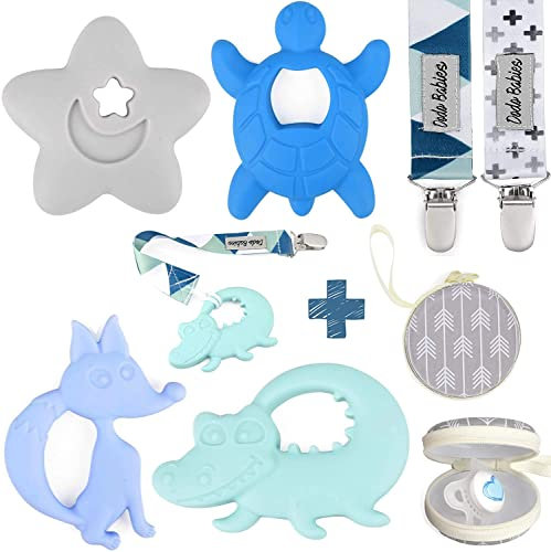 Baby Tooth Toys von Dodo Babys Pack mit 4 + 2 Schnullerclips und einem Schnulleretui für Jungen und Mädchen, Kauspielzeug oder Schnuller, Babyparty
