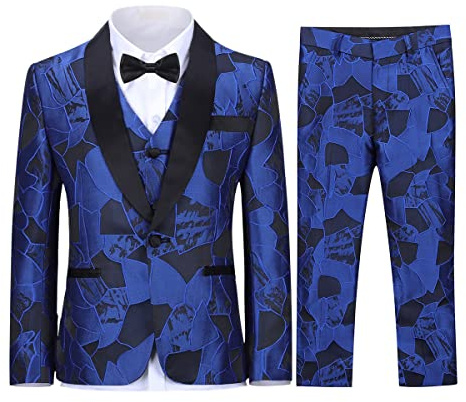 SWOTGdoby Boys Tuxedo Suit Formal Jacquard Dress 3 Pieces Blazer Vest Pants Blue