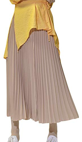 Camilife Gonna Plissettata da Donna maxigonna per Primavera Estate Autunno Lunghezza 90cm Tinta Unita Cachi
