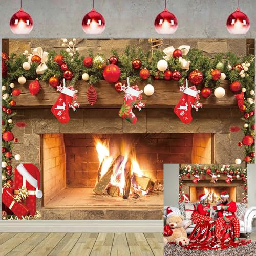 Toile de fond pour photographie, chaussettes de Père Noël, cadeaux de Nouvel An, décoration de scène de cheminée pour fête de famille, accessoires