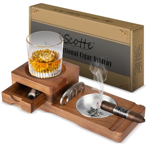 Scotte Posacenere per sigari, sottobicchiere, vassoio in legno per bicchiere whisky e vassoio in legno per cenere con tagliasigari, include cassetto e slot per sigari,ottimo accessorio per sigari