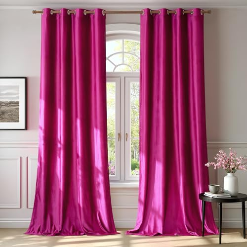 BULBUL Living Room Velvet Curtains 84 inch Length - 2 Panels Hot Pink Blackout Drapes With Thermal Insulated Room Darkening Decor Grommet for Bedroom