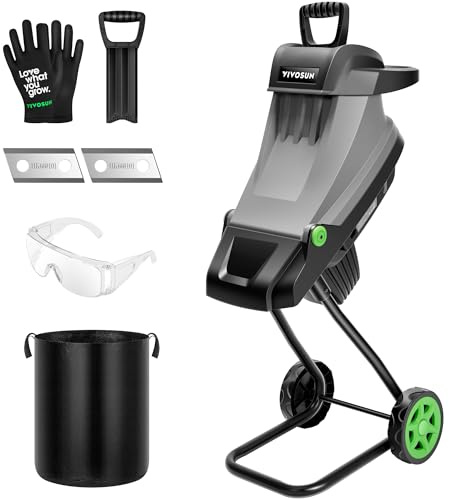 VIVOSUN 15-Amp Electric Wood Chipper Shredder with 1.77 Hopper & 50L Collection Bag, Includes Plunger, Extra Carbon Blades, Safety Goggles & Gloves for Yard Waste, Branches, and Leaves (Grey)