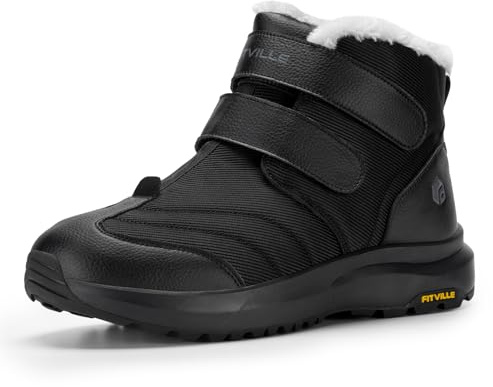 FitVille Mens Extra Wide Snow Winter Boots, Fur Lining Outdoor Boots Lightweight Waterproof Insulated Easy On&Off Black 11 UK Wide