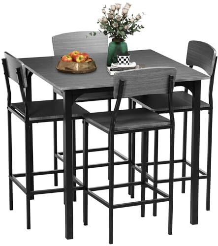 HOMCOM 5-Piece Counter Height Bar Table with Space-Saving Design, Square Kitchen Table and Chairs Set with Footrest, Metal Legs, Industrial Dining Table Set for 4, Gray