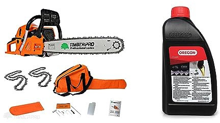 TRONÇONNEUSE THERMIQUE 61,5 CM³, PUISSANCE 3,6 CV, GUIDE 50 CM + 2 CHAINES & Oregon - Huile pour Chaîne et Guide-Chaîne de Tronçonneuse, 1 L (O10-4935)