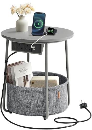 VASAGLE Side Table with Charging Station, Round End Table with Power Outlets, USB Ports, Fabric Basket, Living Room, Bedroom, Bedside Table, Modern, Dove Grey and Slate Grey LET228G03
