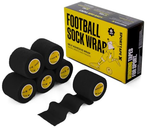 SPORTTAPE 6 Rollen Selbsthaftendes Fußball-Sockentape - 5 cm x 4,5 m - schwarz- Kohäsive Bandage Sockenband Stutzentape - Hand- und Fußgelenk-Bandage für Sportler - Pet Wrap Fixierbinde Pferde, Hunde