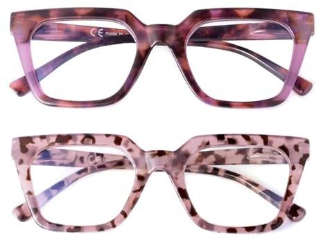 SKYWAY 2 Pack Occhiali da Lettura per Donna, Eleganti Occhiali da Lettura per Computer con Montatura Grande Anti-luce Blu, Occhiali da Donna Quadrati con Cerniera a Molla, Rosa+Viola 2.5