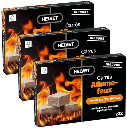 Helvet 32 Allume Feu Naturel pour Cheminée et Poele à Bois en Cube – Brûle 7 Minutes – Produit Ecologique 100% Bois & Cire Végétale, Normal, (LDFC32) (Lot de 3)