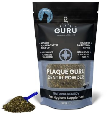 THE PET GURU Plaque Guru Complément d'hygiène bucco-dentaire pour chats, 100 g – Poudre de soins dentaires – Réduit la plaque dentaire – Haleine fraîche – Réduit l'inflammation des gencives – Santé