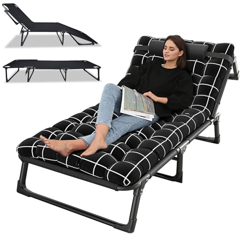 bephible Lit de Camping, Chaise Longue d'extérieur, Pliante inclinable réglable à 4 Positions pour Adultes avec Oreiller, lit Couchage Bureau, Piscine, Plage, 75 cm