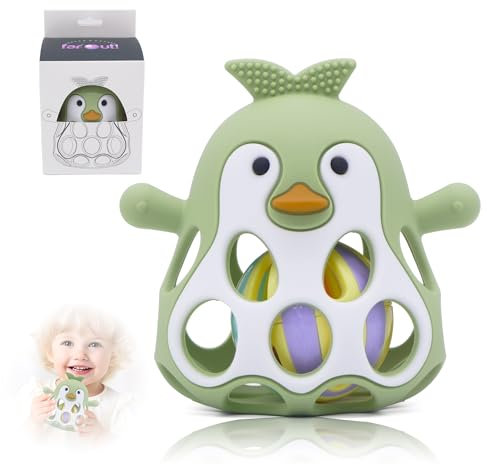 Farout Pinguin Rassel - Beißring Baby & Montessori Spielzeug - Oball Motorikspielzeug Babyrassel für 3 Monate - Babyspielzeug ab 3 Monate, Geschenk für Jungen & Mädchen. (Olive)