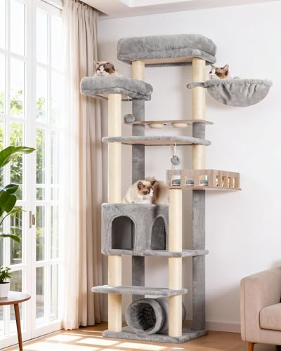 Gitelsnour Árbol para Gatos de 167 cm con estación de alimentación y Plataforma de Madera, con túnel y caseta para Gatos, 11 rascadores de sisal, Plataforma Superior, Gris Claro GCT021W