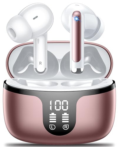 Auriculares Inalámbricos Bluetooth, Cascos Inalámbricos Bluetooth 5.4 in Ear con 4 HD Mics, 48H HiFi Estéreo Auriculares Deportivos con Reducción de Ruido ENC,IPX7 Sport Earbuds Pantalla LED 2025 Rose