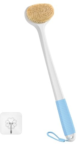 Back Scrubber for Shower with 17 Long Handle, Non-Slip Grip Dry Brushing Body Brush, Natural Boar Bristles Shower Brush for Lymphatic Drainage, for Men & Women Use - White with Blue Handle
