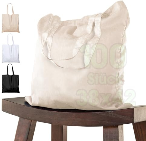 ELES VIDA 250 styck bomullsväska 38 x 42 cm otryckt, två långa handtag OEKO-TEX® tygväska, bärväska, bomullspåse, shoppingväska, jutepåse, tygpåse, shoppingpåse, natur