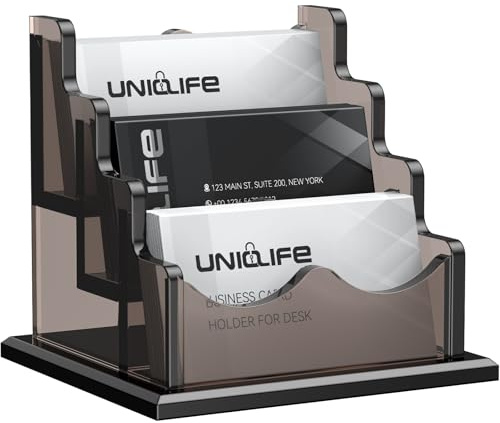 Uniclife Acrylic Business Card Holder for Desk 3 Slots Horizontal Business Card Display Stand for Men and Women Desktop Name Card Organizer Card Stand for Office Home, 180 Card Capacity, Smoky Gray