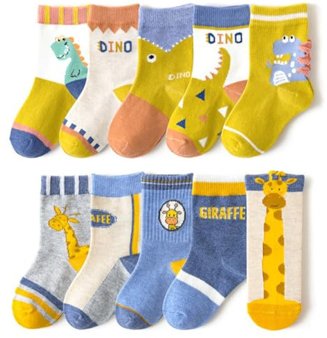 FedMois Calcetines Algodón Invierno de Niño y Niña Pack de 10, Dinosaurio y Jirafa, Talla 23-26