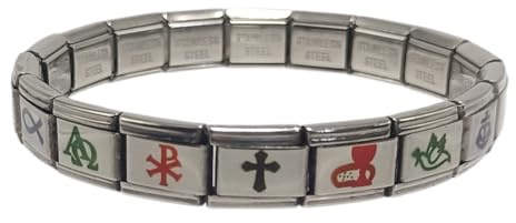 Feyma Pulsera Cristiana con Símbolos Religiosos en Acero Inoxidable – Diseño Conmemorativo con 7 Iconos (Cruz, Pez, Ancla, Crismón) – Pulsera Modular Ajustable y Elástica para Hombre y Mujer