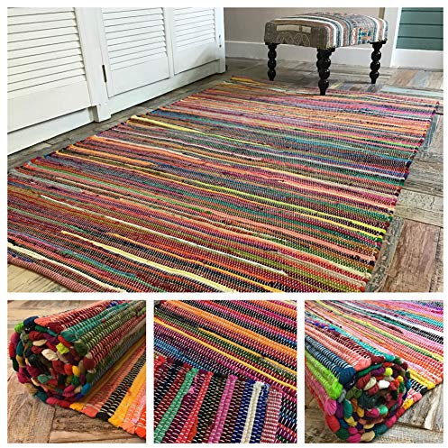 Second Nature Online - Alfombra multicolor tejida a mano, tela reciclada, fabricación ética en la India, tamaño pequeño, mediano o grande, algodón mezcla, multicolor, 90 x 150 cm