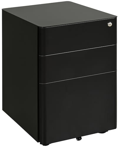 Vinsetto 3-Drawer Mobile Filing Cabinet, Steel Lockable File Cabinet for A4, Legal, Letter, Compact Under Desk Storage Unit with Pre-Assembled Body Except Wheels for Home Office, 39 x 48 x 59cm, Black
