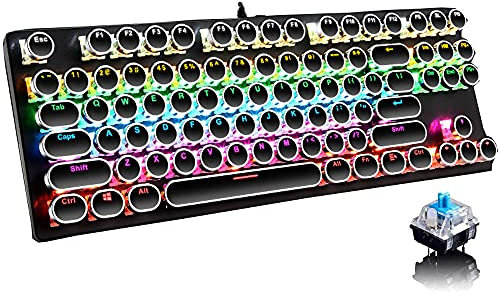 Tastiera meccanica da gioco, 87 tasti, macchina da scrivere retrò/punk, interruttore blu, retroilluminazione arcobaleno, anti-ghosting, cavo USB, computer desktop, gioco e ufficio (nero)