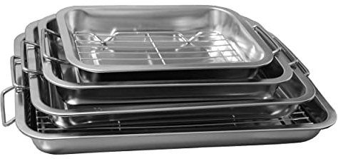 Professional Stainless Steel Roasting 4 Pcs Trays with Removable Rack Pan Oval Kitchen Cooking Baking Sturdy Handles Built to Last for Years Oven Roasting Pan with Grill