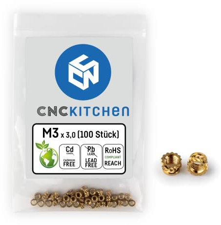 CNC KITCHEN Original Gewindeeinsatz, M3x3, kurze Version, 100 Stück, Blei- und Cadmium FREI