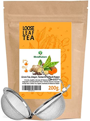 Te verde con Jengibre-Cúrcuma y pimienta para infusión 200g – Ideal para Té DETOX Depurativo Diurético y Antioxidante – 100% Natural