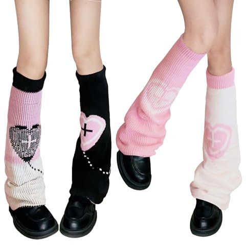 XEPST Lose Gestrickte Beinwärmer für Damen, 2 Paar Winter Stulpen Y2K Japanische Lolita Beinstulpen Lange Socken Kawaii Häkeln Beinwärmer 80er Harajuku Gestrickte Warme Oberschenkel Hohe Socken