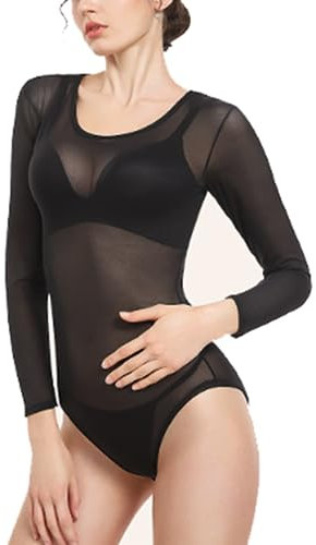 SamHeng Women Long Sleeves Bodysuit Stretchy Sheer Mesh See Through Round Neck Slim Fit Black Sexy Jumpsuit Top Leotard Clubwear-XL