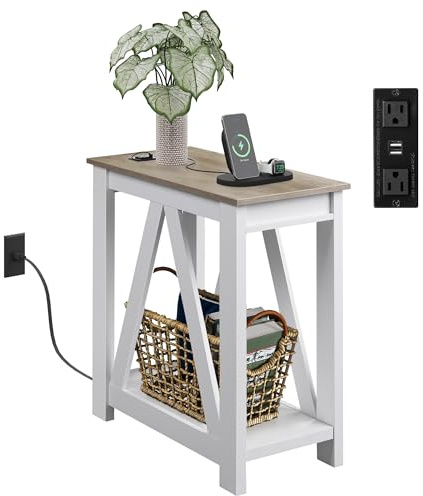WLIVE Farmhouse End Table, Narrow Side Table with Charging Station, Slim End Table, Side Table for Bedroom, Living Room, Small Spaces, 2 USB and 2 Power Outlets, 11.8 D x 23.6 W x 23.74 H