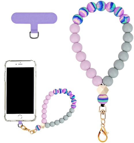VICHUNHO Marble Silicone Beaded Phone Wrist Strap, Cellphone Lanyard with Tether Tab, Elastic Hands-Free Wristlet Bracelet