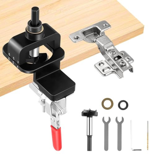 35mm Concealed Hinge Jig, Kitchen Hinge Jig, Aluminum Alloy Double Clamp Cabinet Hinge Jig, Accurate Woodworking Drill Guide Locator Pocket Hole Jig for Cabinets Door with Auxiliary Tools