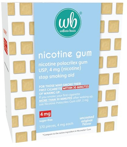 Wellness Basics Uncoated Nicotine Gum 4mg | Stop-Smoking Aid | Original Flavor | 170 Count | Reduces Withdrawal Symptoms