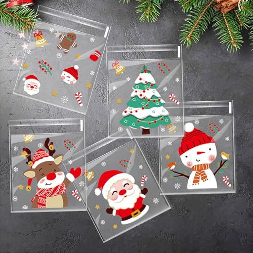 MORAINJAY 200 Bolsas Navidad, Bolsas de Celofán con Autoadhesivo para Galletas,Dulces y Detalles de Fiesta,5 Diseños (10x10+3cm) - Incluye Papá Noel,Reno y Muñeco de Nieve