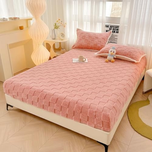 Epinki Spannbettlaken & 2er Kissenbezüge 200x220cm Set Warm, 3D Muster Spannbettlaken Muster Schlafkomfort, Samt Tagesdecken Rose für Boxspringbett & Wasserbett