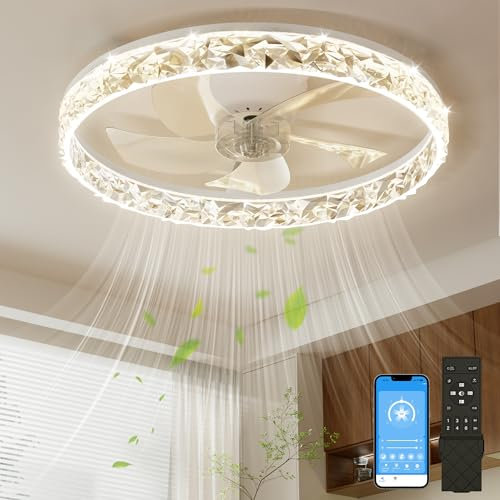 NIORSUN 50CM LED Ceiling Fan with Lights and APP Remote, Dimmable Low Profile Ceiling Fans, Flush Mount Ceiling Fan, Stepless Color Temperature Change and 6 Speeds（White）