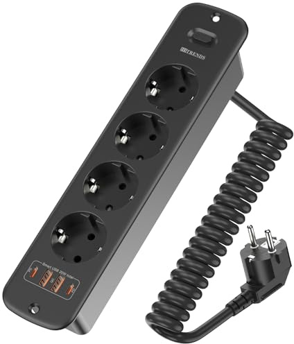 Infällbart uttag 4-vägs med 4 USB (2×USB-A + 2×USB-C) och strömbrytare, inbyggt uttag för bordsskiva med 2 m spiralkabel, 4000 W/16 A, för kontor, hemmakontor och kök - Svart