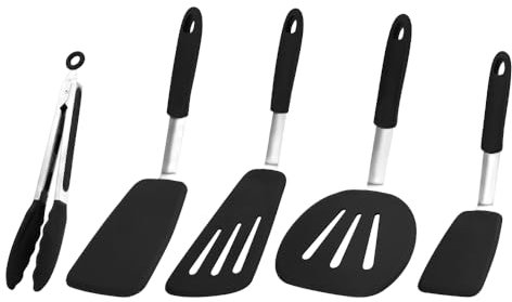 LAGAHS 5pcs Spatula Silicone Kitchen Utensils Set, Cooking Tools Spatula Turner 230℃ Heat Resistant for Nonstick Cookware, Good Grips for Flipping Eggs Turkey Fish Pancake Burgers Crepes (Black)