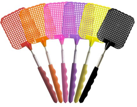 6 Pièces Tapettes à Mouches Extensible, Manche télescopique Lutte Antiparasitaire Manuelle, Portable Tapettes Anti Moustique pour Insectes-Rouge/Orange/Jaune/Rose/Violet/Noir