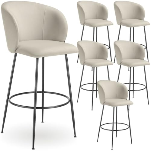 tectake® Taburete Alto con Respaldo Acolchado, Silla Alta de Cocina con Reposapiés, Banqueta con Patas de Acero y Topes Antideslizantes, Silla de Bar, Taburete de Cocina - 6 sillas Crema/Negro