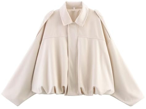 Xunger Women's Faux Suede Bomber Jacket Spring Lapel Pilot Coat Casual Oversized Long Sleeves Trendy Streetwear Outerwear(1026-Beige-L-RD)